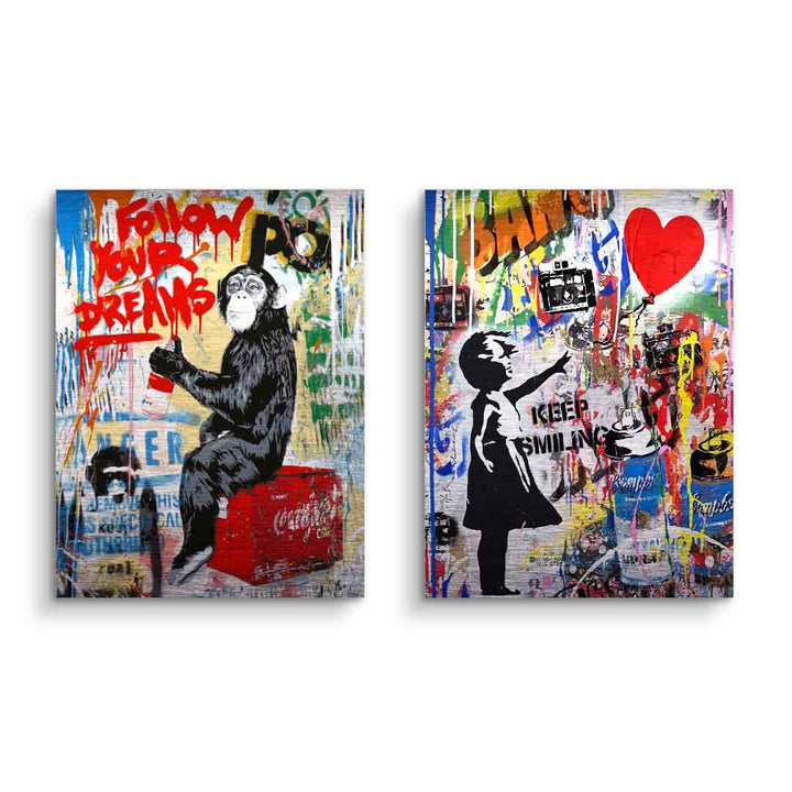 Wandbild-Set mit Street Art Motiven: Affe mit Sprühdose, Mädchen mit rotem Herz-Ballon, bunte Graffiti