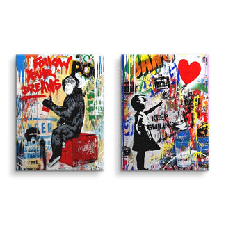 Bundle aus zwei Streetart Leinwandbildern mit Affe und Mädchen, Pop Art Graffiti-Stil