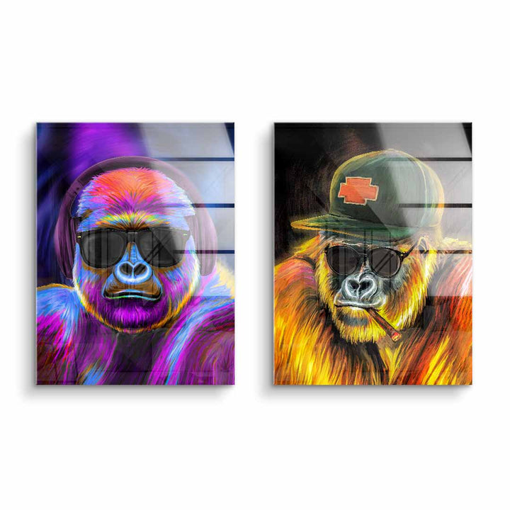 Zwei bunte Acryl-Wandbilder mit Gorillas in Sonnenbrille, Pop Art Stil