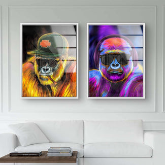 Zwei bunte Gorilla Wandbilder im Pop Art Stil mit Sonnenbrillen, Wohnzimmer Dekoration