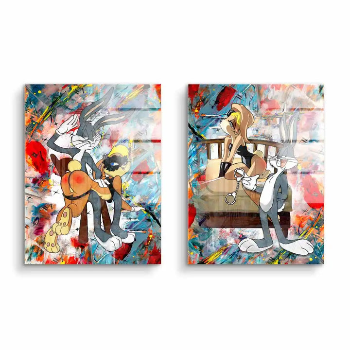 Modernes Wandbild-Set mit Comic-Hasenfiguren, bunte Pop Art auf Acrylglas