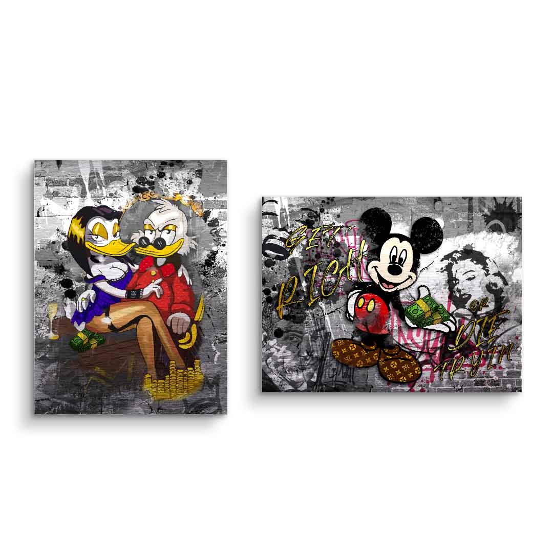 Zwei Wandbilder mit Comicfiguren im Pop Art Stil, Graffiti-Hintergrund, Geldmotive