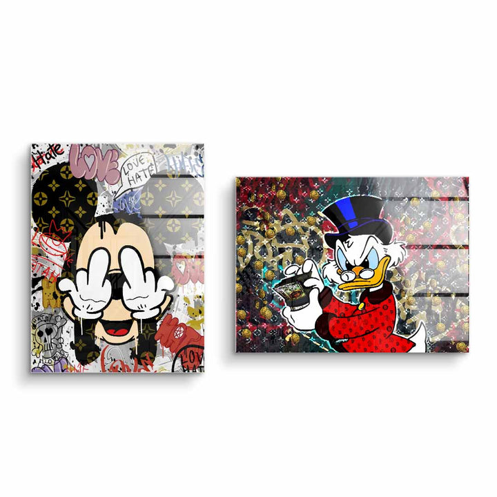 Comic Wandbild-Bundle mit Micky Maus und Dagobert in Pop Art Graffiti Stil auf Acrylglas