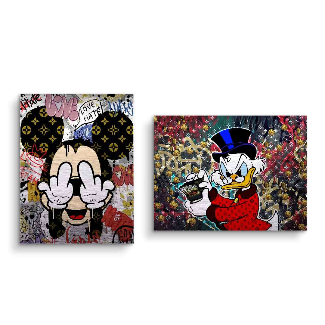Wandbild-Set im Comic-Stil mit Micky Maus und Dagobert, bunte Streetart-Graffiti-Optik