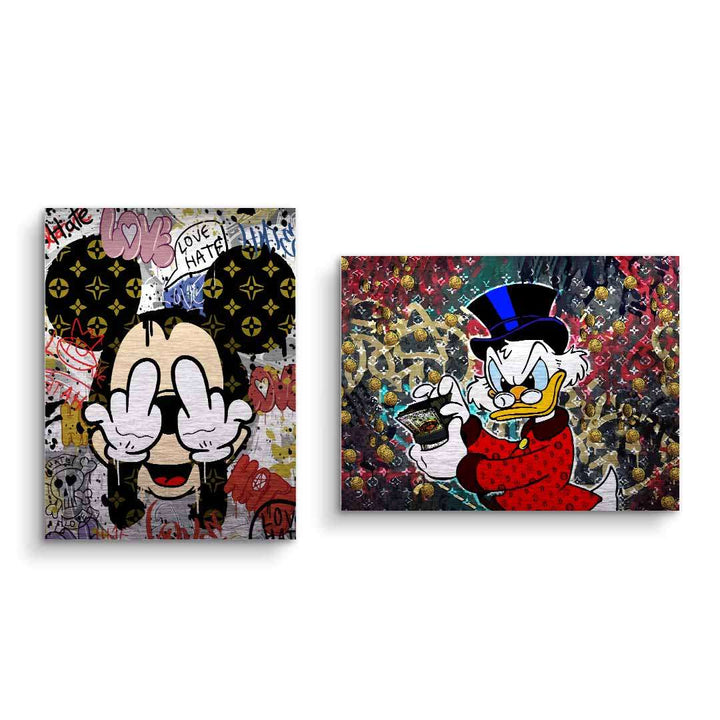 Wandbild-Set im Comic-Stil mit Micky Maus und Dagobert, bunte Streetart-Graffiti-Optik