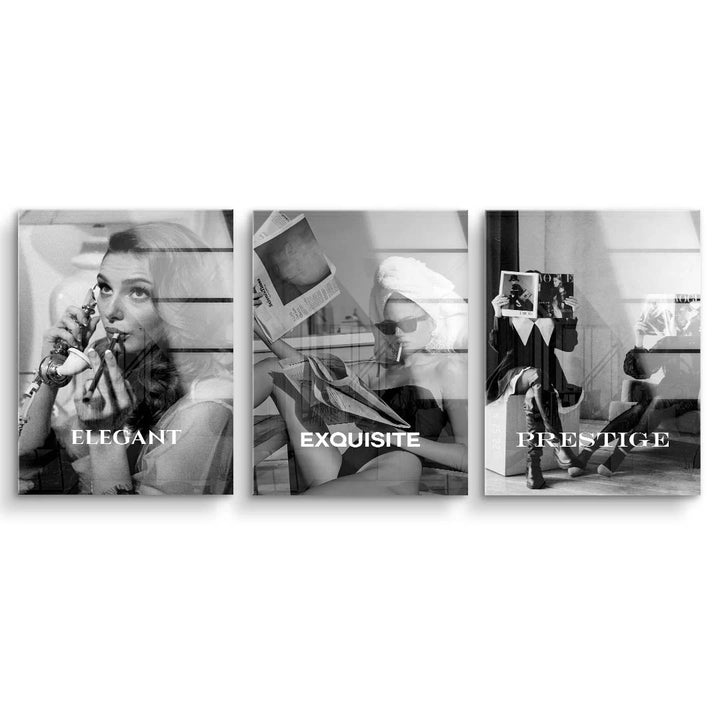 Schwarzweiß Wandbild-Bundle, drei Acrylbilder mit Fashion Retro Motiven und Schriftzügen Elegant, Exquisite, Prestige.
