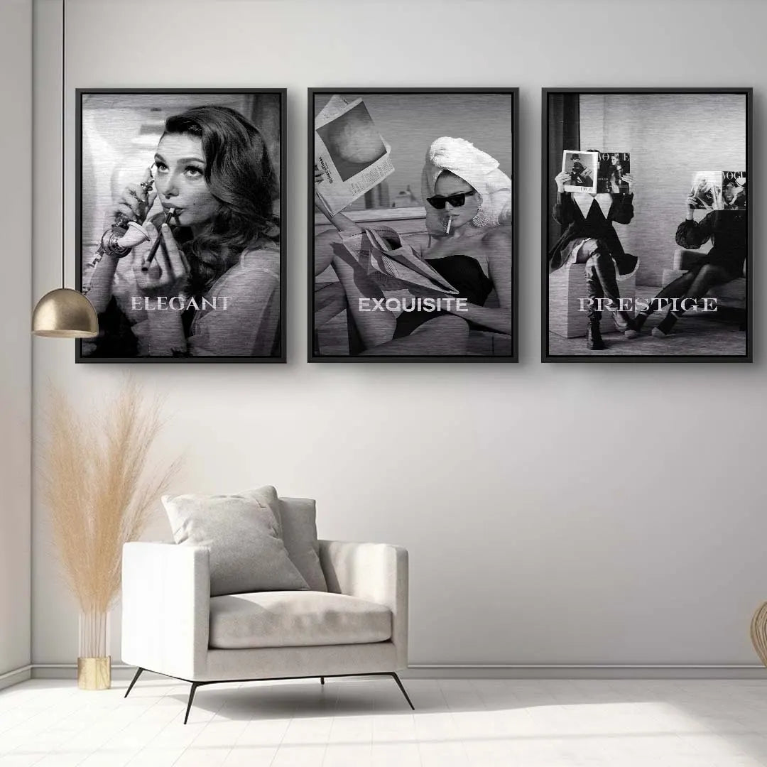 Schwarzweiß Wandbild-Set mit stilvollen Retro Fashion Motiven in modernem Wohnzimmer