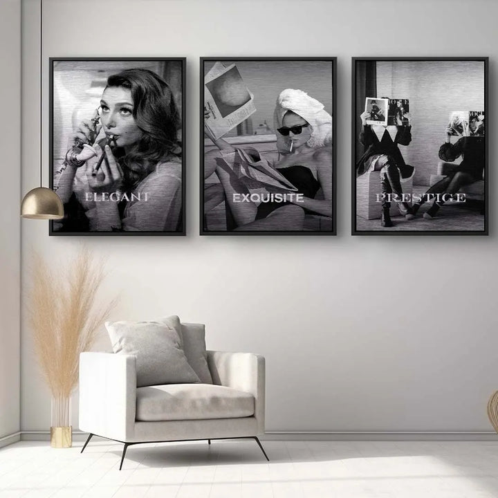 Schwarzweiß Wandbild-Set mit stilvollen Retro Fashion Motiven in modernem Wohnzimmer