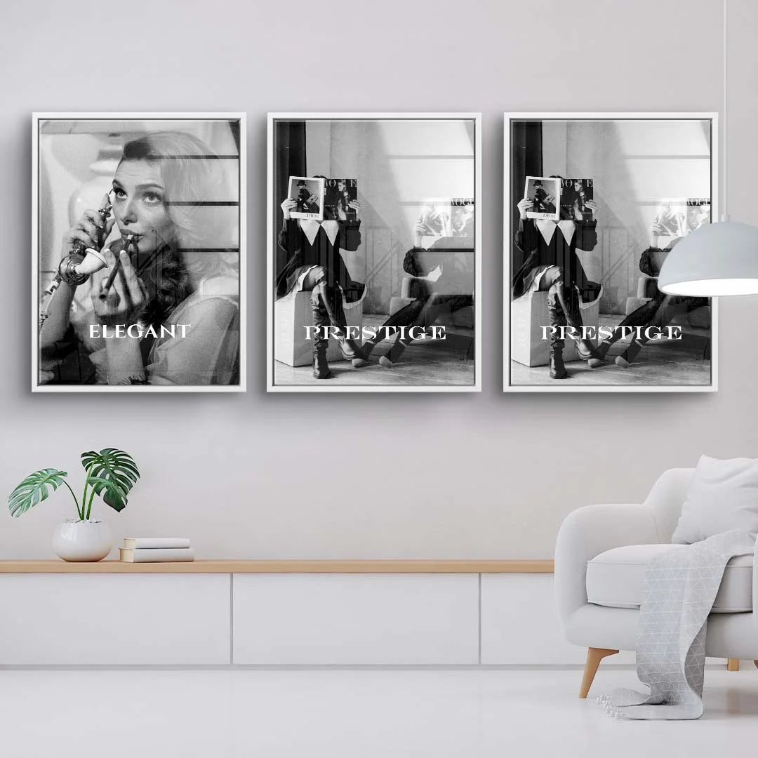 Schwarzweiß Wandbild-Set mit Fashion und Retro Motiven, elegante Frau, modern eingerichtetes Wohnzimmer