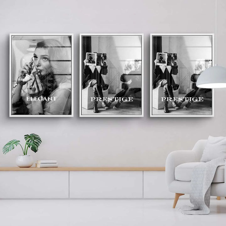 Schwarzweiß Wandbild-Set mit Fashion und Retro Motiven, elegante Frau, modern eingerichtetes Wohnzimmer
