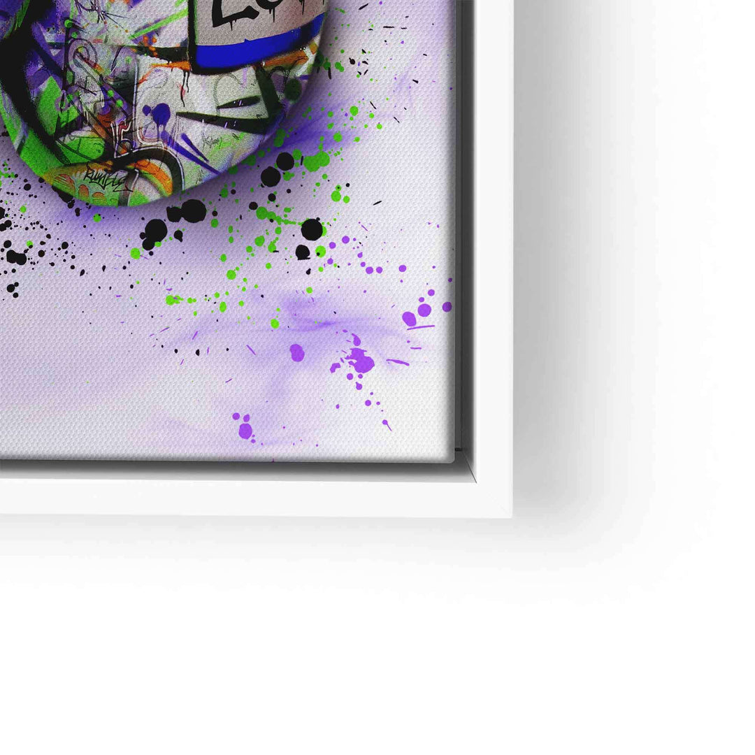 Leinwandbild mit buntem Boxhandschuh und Graffiti, Farbspritzer auf weißem Hintergrund