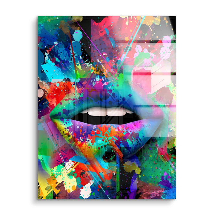 Pop Art Wandbild mit bunten Lippen, abstrakte Acrylglas-Kunst, farbige Farbspritzer