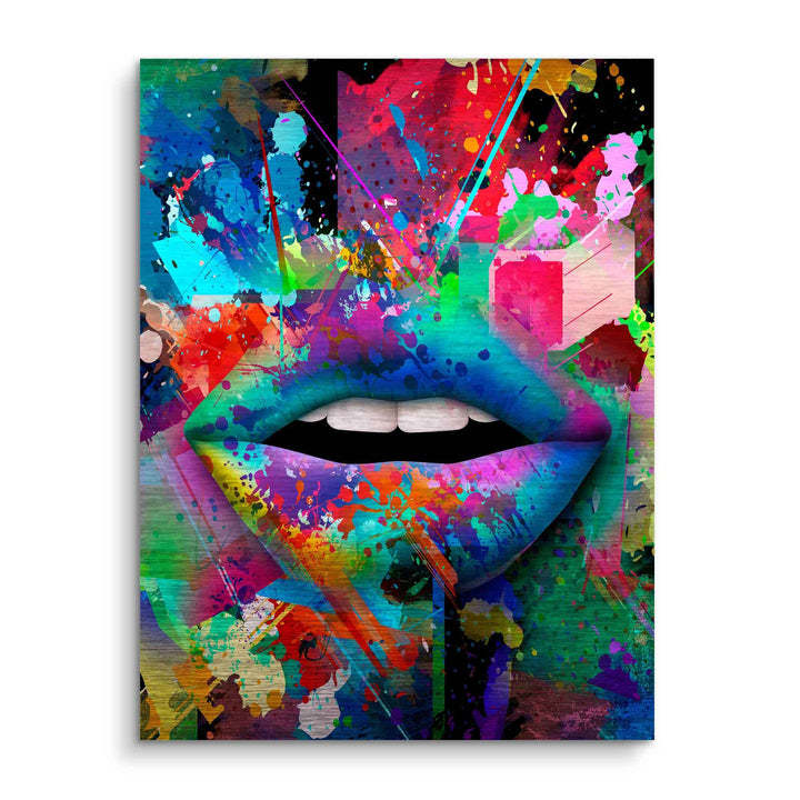 Buntes Pop Art Wandbild mit Lippen-Motiv und abstrakten Farbspritzern auf Leinwand