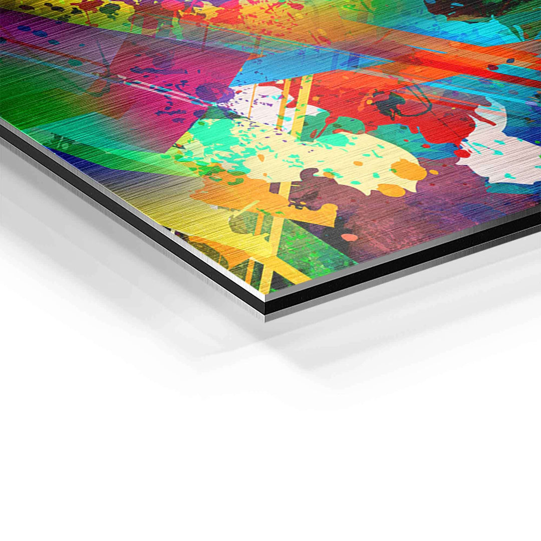 Detailansicht buntes Pop Art Wandbild mit Lippenmotiv und bunten Farbspritzern auf Aluminium