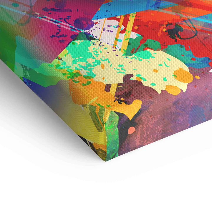 Detailaufnahme Leinwand mit buntem Pop Art Lippenmotiv und farbenfrohen Farbklecksen