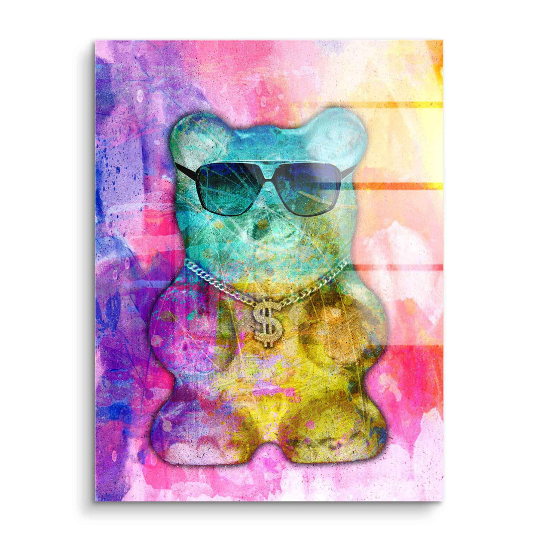 Buntes Wandbild mit Gummibärchen, Sonnenbrille und Dollar-Kette, Pop Art-Stil, Acrylglas