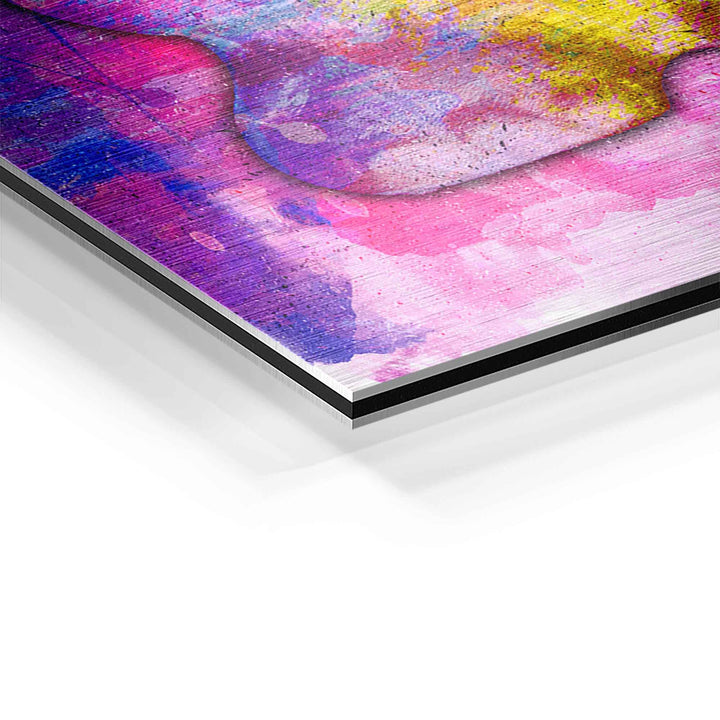 Detailaufnahme eines bunten Gummibär-Wandbilds mit abstrakter Aquarelltextur auf Aluminium
