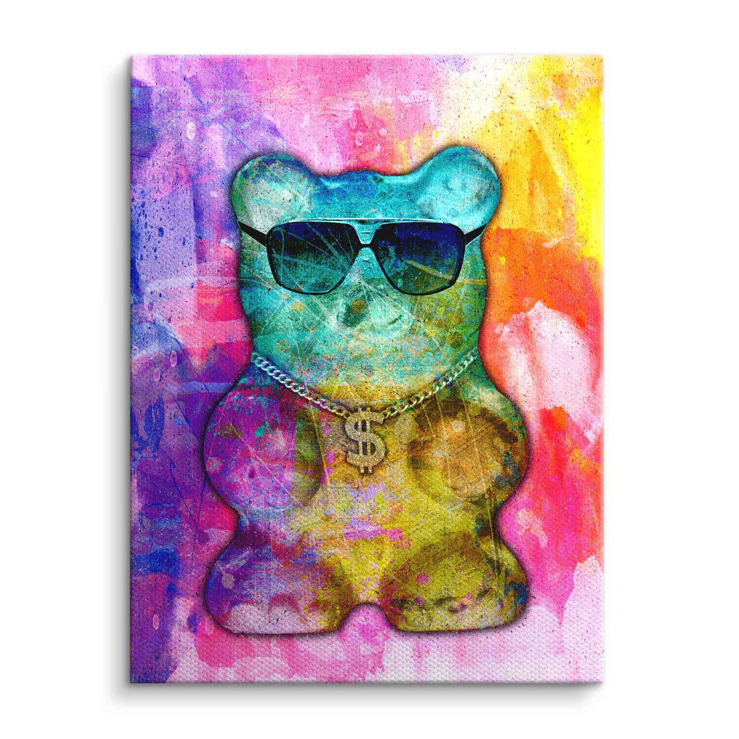 Pop Art Wandbild mit buntem Gummibär, Sonnenbrille und Dollar-Kette auf Leinwand