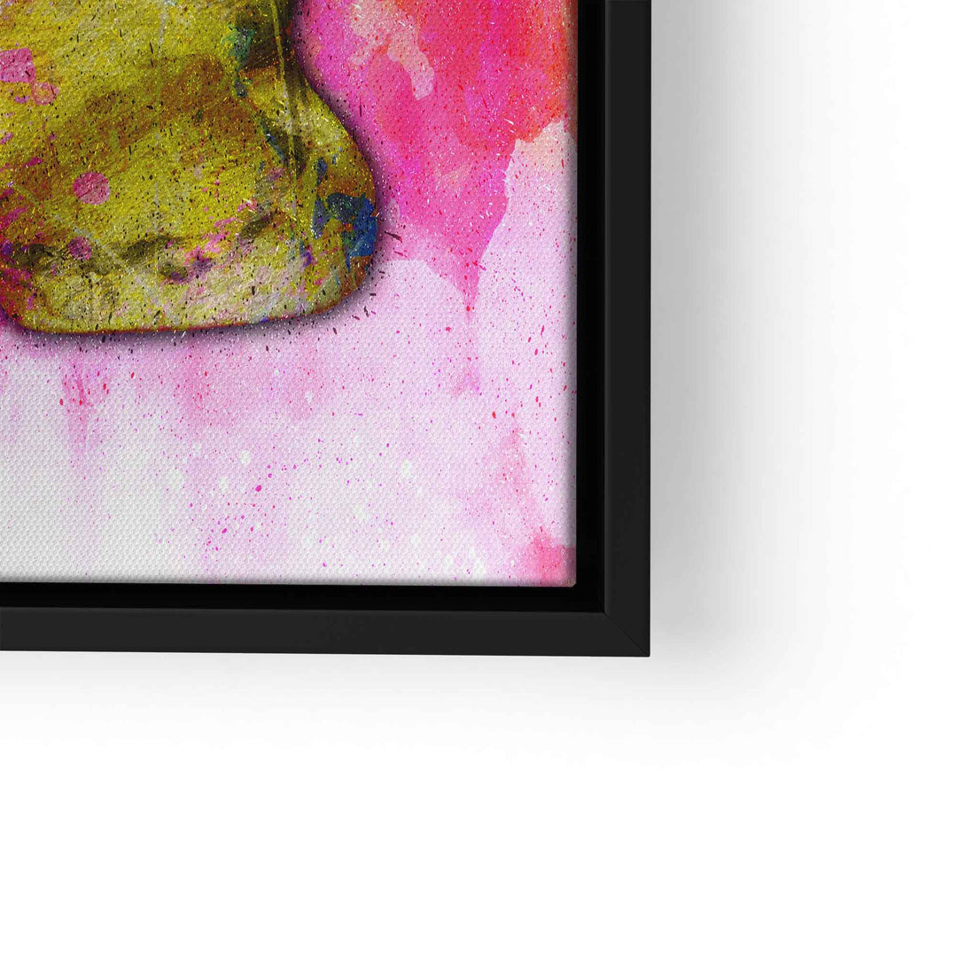 Detail eines bunten Gummibär Wandbilds auf Leinwand mit pinkem Hintergrund und schwarzem Rahmen