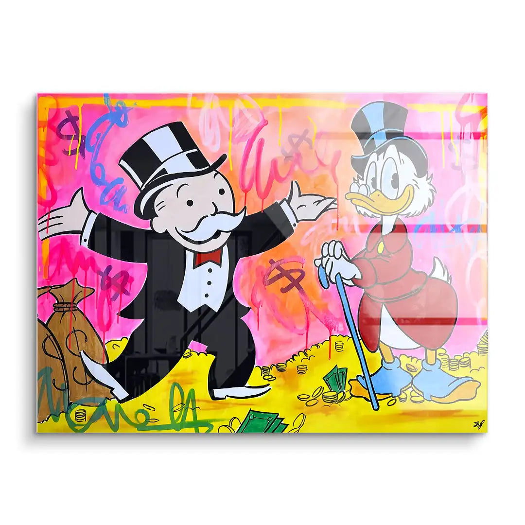 Buntes Wandbild im Pop Art Stil mit feiernden Comic-Figuren auf Geldscheinen und Münzen, pinker Hintergrund