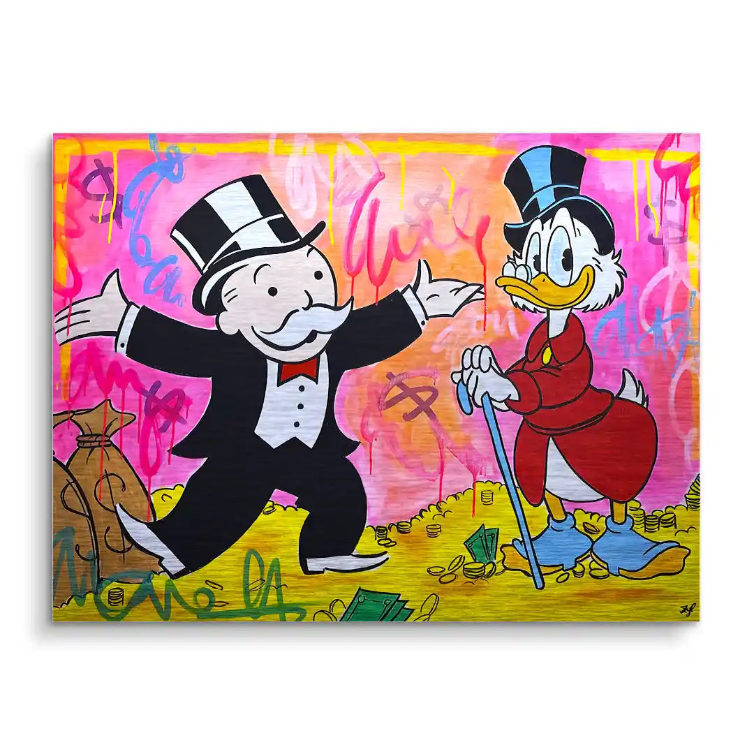 Modernes Wandbild mit Comic-Figuren im Anzug vor buntem Graffiti-Hintergrund und Geldsäcken