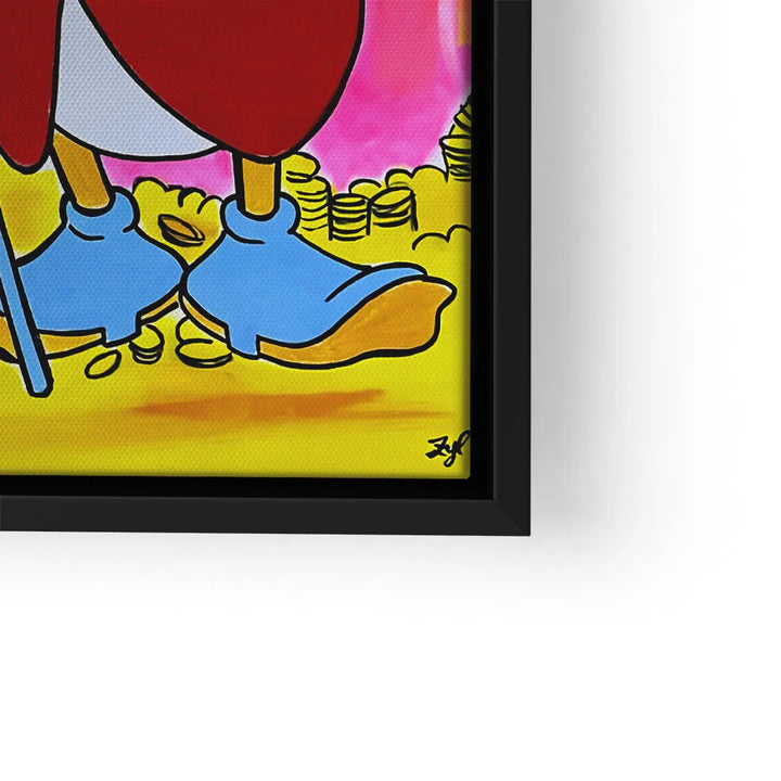 Buntes Comic-Wandbild mit blauen Schuhen, Goldmünzen und farbigem Hintergrund im Rahmen
