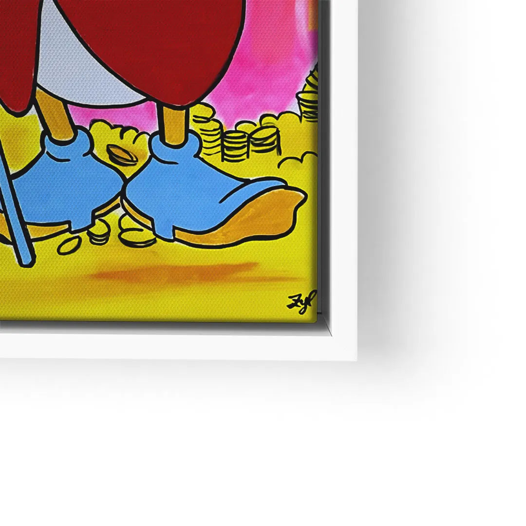 Buntes Wandbild mit Comicfigur in blauen Schuhen, Münzen und buntem Hintergrund