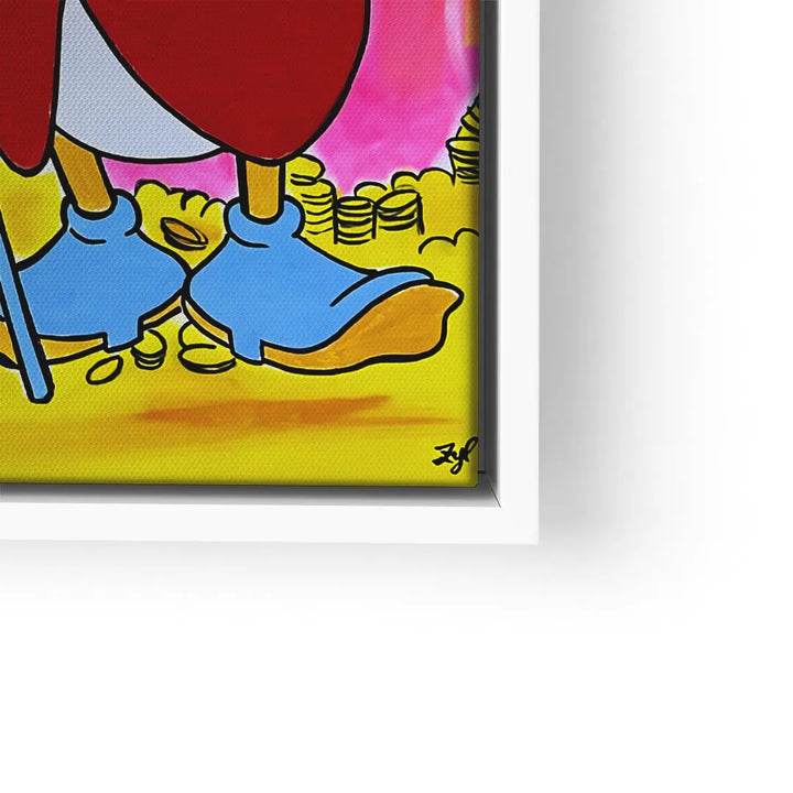 Buntes Wandbild mit Comicfigur in blauen Schuhen, Münzen und buntem Hintergrund