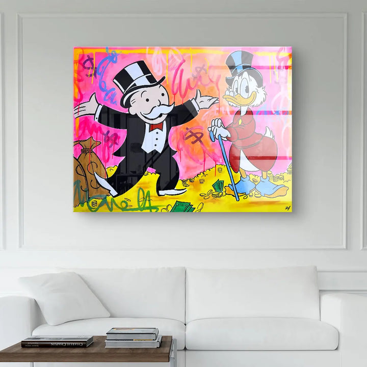 Modernes Wandbild im Comicstil mit zwei Cartoon-Figuren im Anzug vor buntem Hintergrund, Geldscheine und Goldmünzen, Wohnzimmer-Dekoration