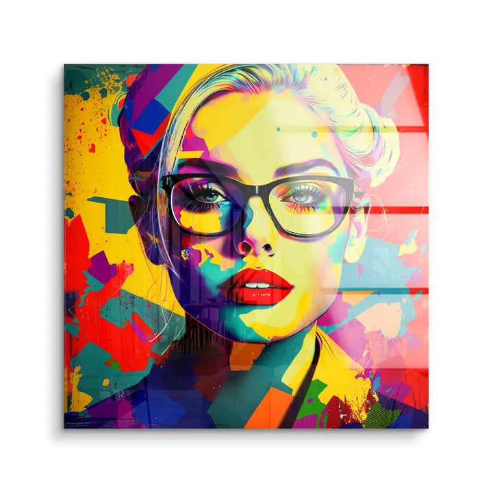 Modernes Acryl Wandbild, Pop Art Business Frau mit Brille, bunte Farben, dekorative Kunst