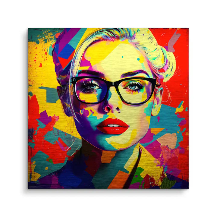 Modernes Wandbild einer Frau mit Brille, buntem Pop Art Stil, leuchtende Farben, Kunst
