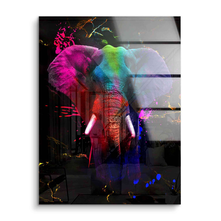 Modernes Acrylglas-Wandbild mit bunter Elefant Illustration und leuchtenden Farbspritzern