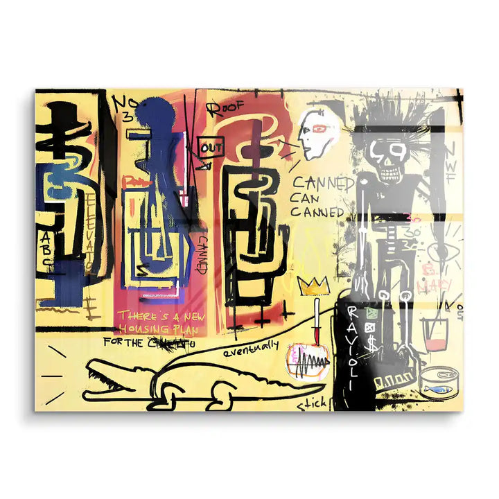 Modernes Wandbild im Graffiti-Stil mit abstrakten Figuren, Schädel, Krokodil und Textfragmenten