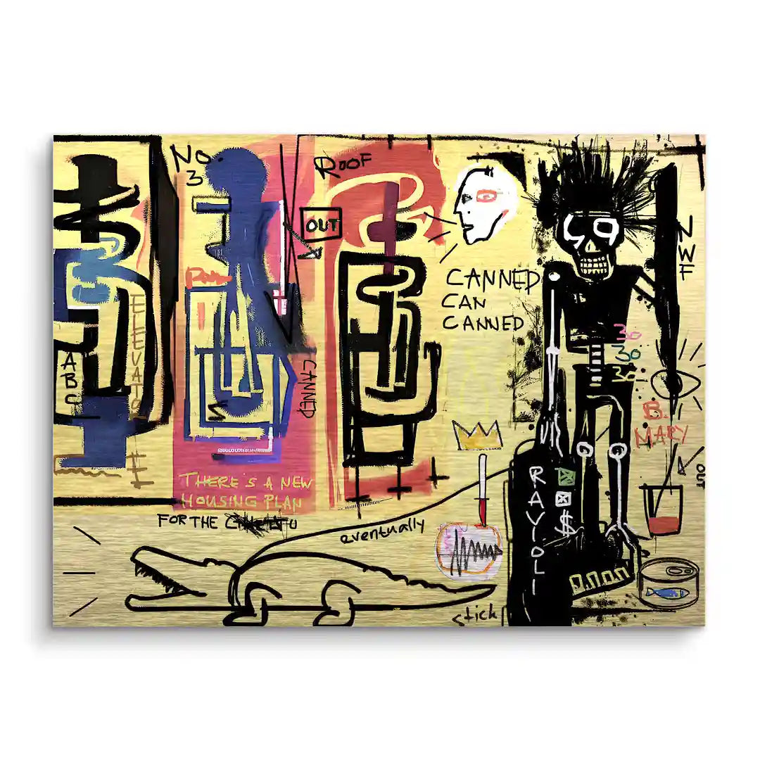 Modernes Wandbild im Stil der Urban Art mit abstrakten Figuren, Schriftzügen und einem Skelett auf gelbem Hintergrund.