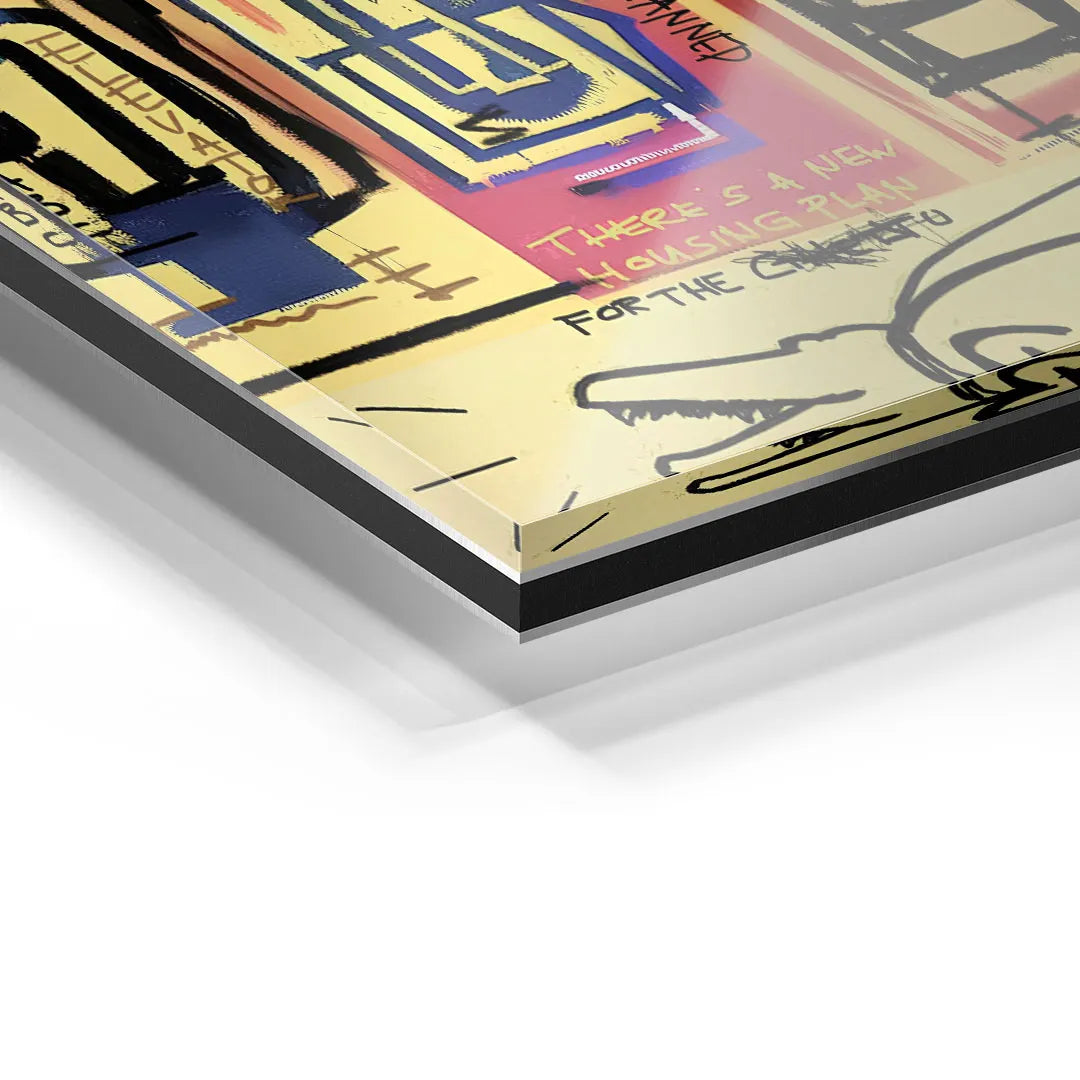 Detail eines modernen Wandbilds auf Acrylglas mit grafischen Pop Art Elementen und Schriftzügen