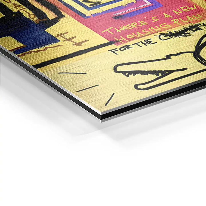 Detailaufnahme eines modernen Pop Art Wandbilds mit bunten Farben und gebürsteter Aluminiumoberfläche