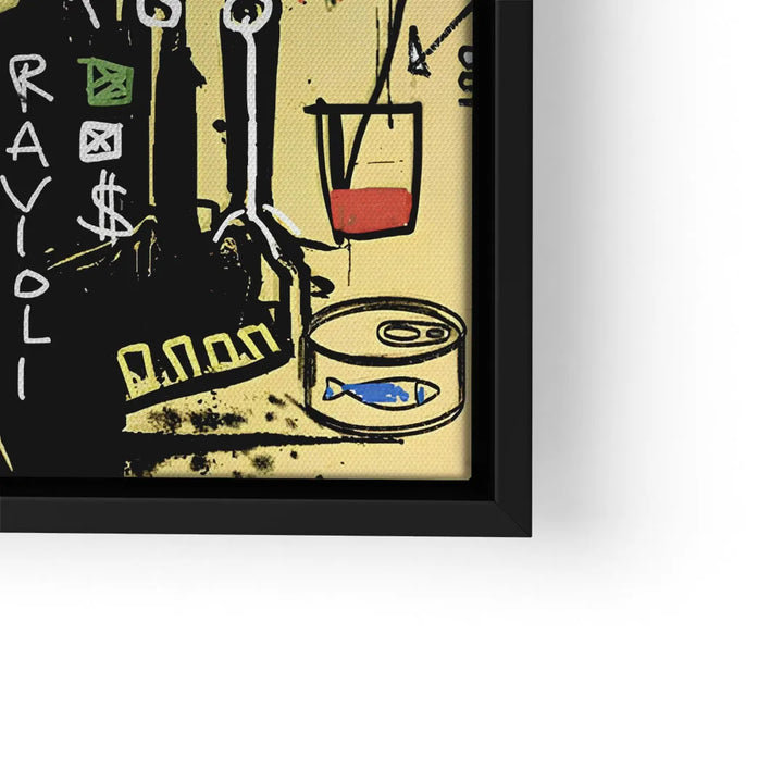 Modernes Wandbild mit Dose, Fisch, Ravioli-Schrift und abstrakten Elementen, Pop Art Stil