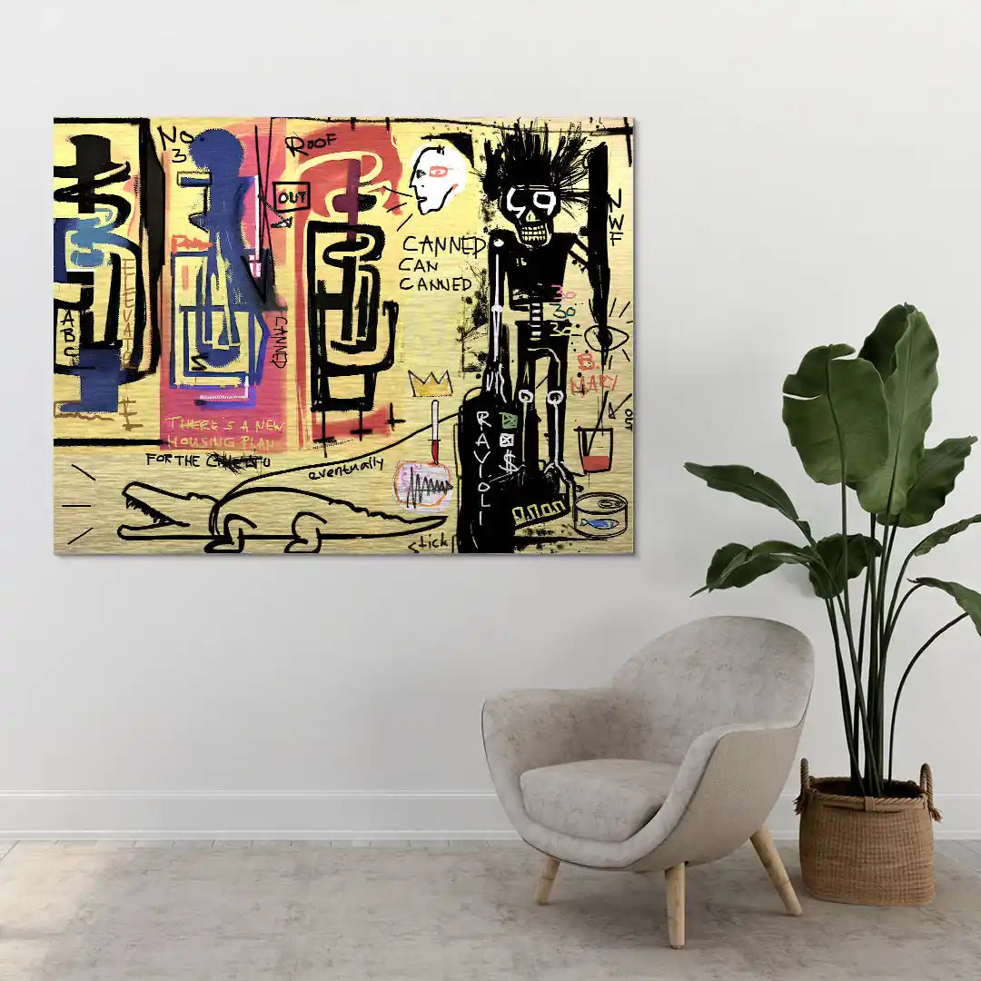 Modernes Wandbild im Pop Art Stil mit abstrakten Figuren und Graffiti-Elementen an weißer Wand