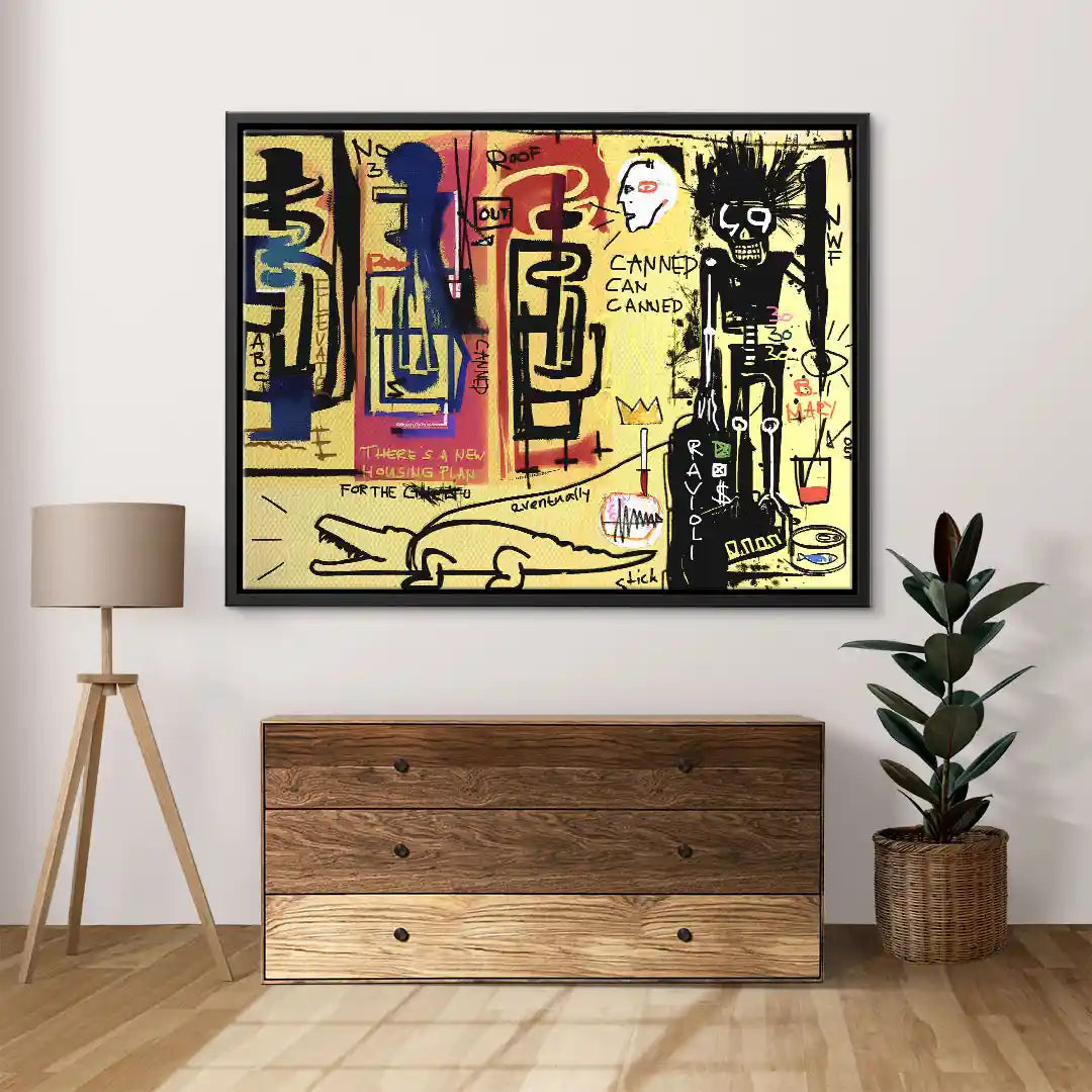 Modernes Wandbild im Pop Art Stil mit abstrakten Figuren, Texten und leuchtenden Farben, aufgehängt in einem Wohnzimmer