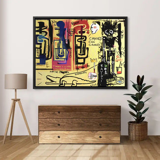Modernes Wandbild im Pop Art Stil mit abstrakten Figuren, Texten und leuchtenden Farben, aufgehängt in einem Wohnzimmer
