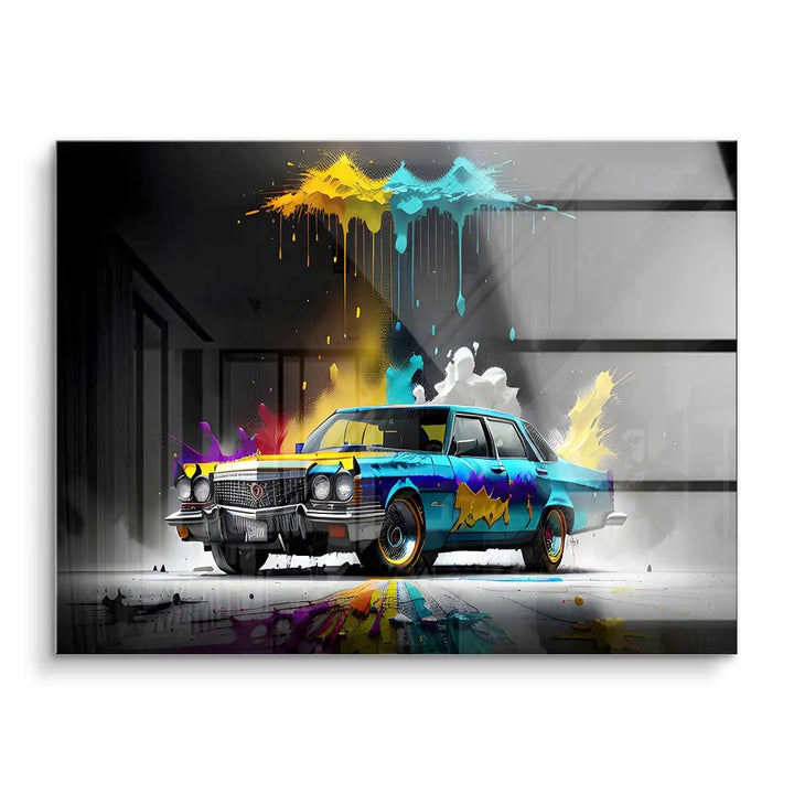 Wandbild mit Oldtimer Auto in bunten Farbspritzern, moderne Kunst für Wohnzimmer