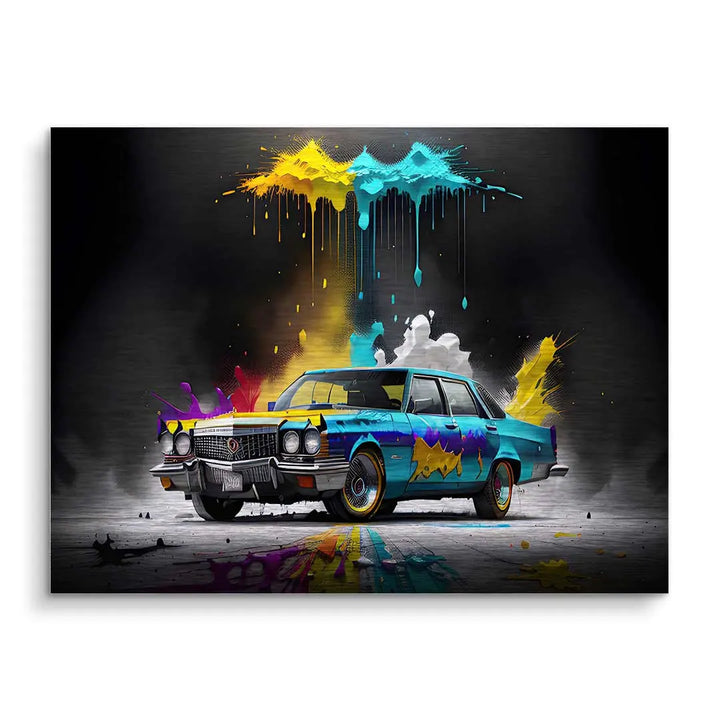 Buntes Wandbild mit klassischem Auto und Farbspritzern, modernes Acrylbild Auto Kunst