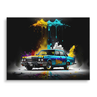Wandbild mit klassischem Oldtimer, bunte Farbspritzer, urbaner Kunststil, schwarzer Hintergrund