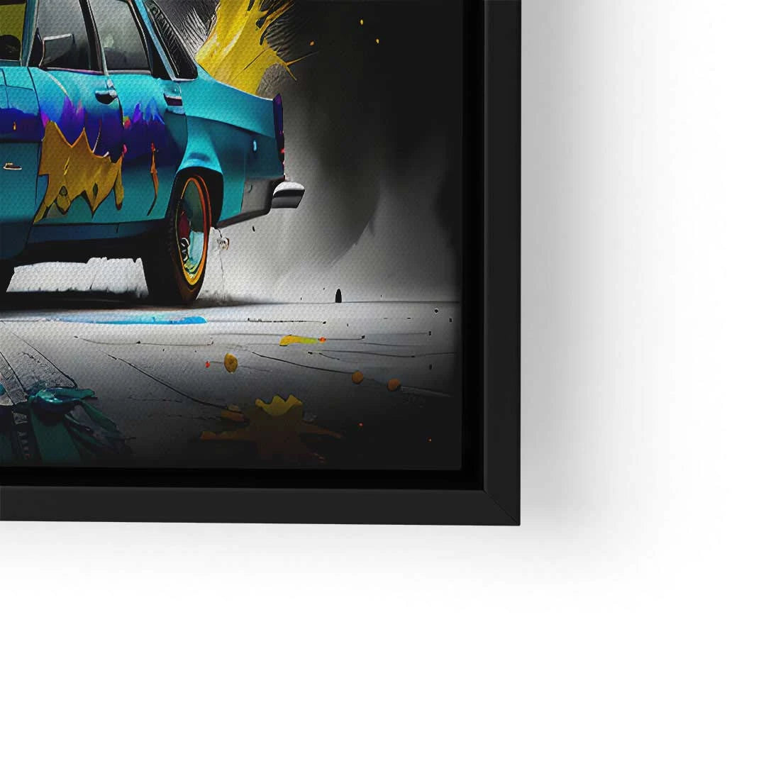 Modernes Wandbild mit blauem Auto und bunten Farbspritzern als Pop Art Kunstwerk