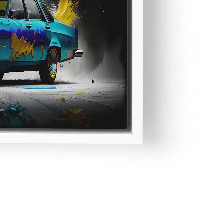 Modernes Wandbild mit blauem Auto und bunten Farbspritzern auf Leinwand
