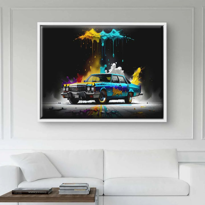 Modernes Wandbild mit Oldtimer und buntem Farbsplash, Pop Art Kunst für Wohnzimmer
