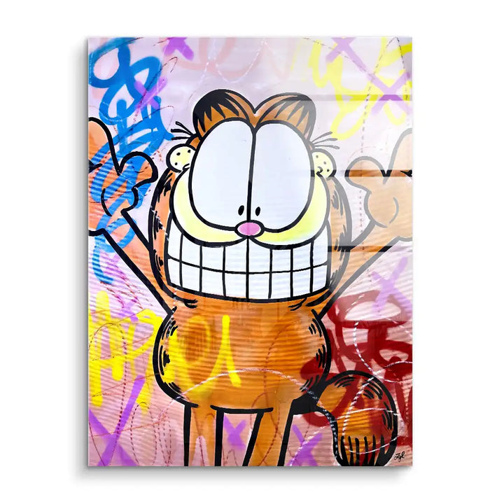 Kunst-Wandbild mit Comic-Katze im Graffiti-Stil auf bunter Acrylglas-Oberfläche
