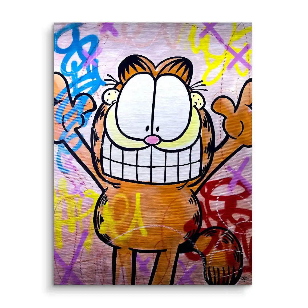 Pop Art Wandbild mit Comic-Katze vor buntem Graffiti-Hintergrund, modernes Katzenmotiv