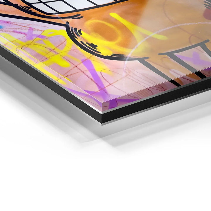 Detail eines Acrylglas-Wandbilds mit bunter Katzenkunst, Graffiti-Stil, moderne Kunst