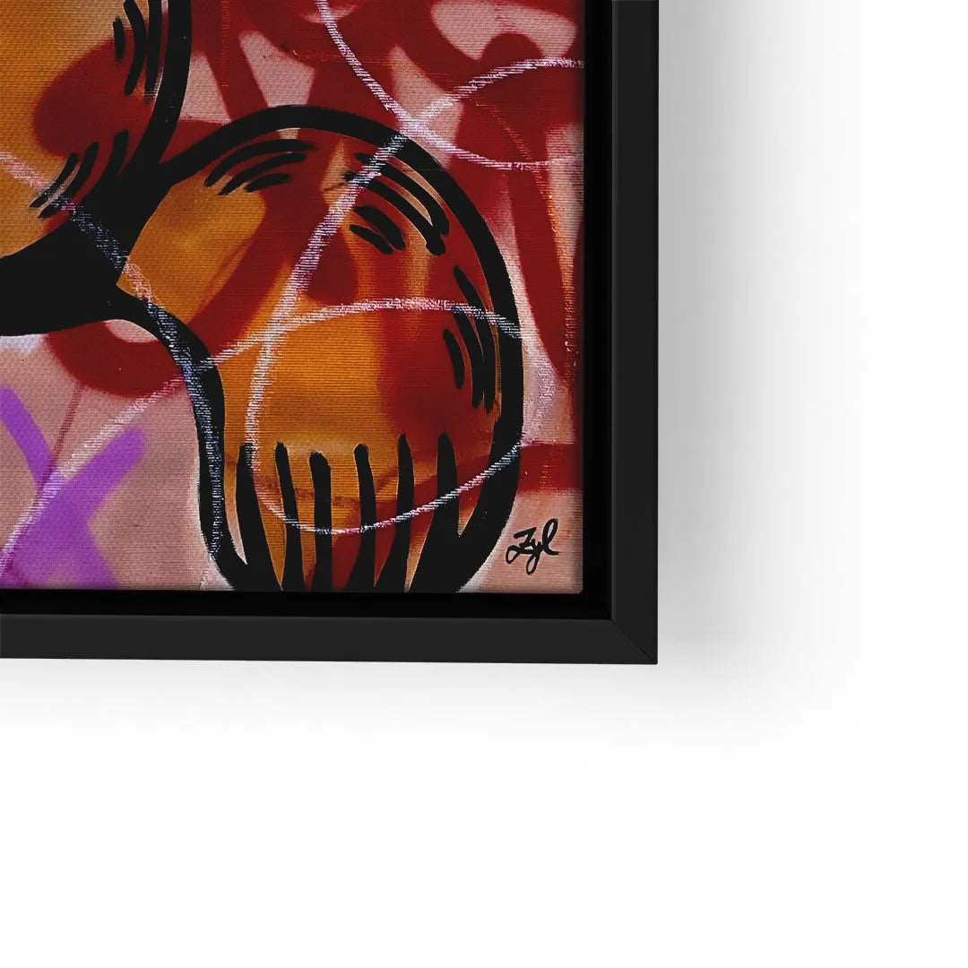 Modernes Wandbild mit Katzenmotiv und abstrakter, bunter Graffiti-Kunst im schwarzen Rahmen
